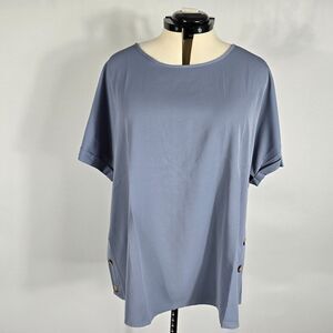 Bloomchic Blouse Women's 2X Blue Stone Roll Short Sleeve Side Button Detail